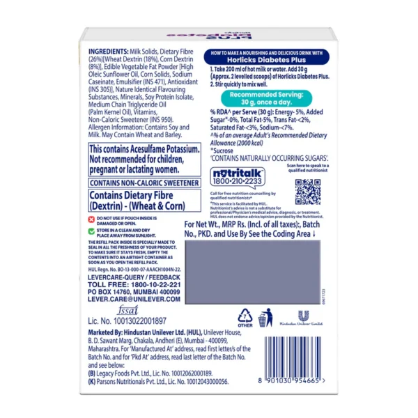Horlicks Diabetes Plus Vanilla Powder Refill   Helps Manage Blood Sugar 400g - Image 2