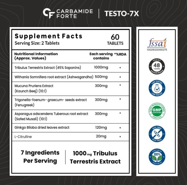 Carbamide Forte Testosterone Supplement Capsules for Men with Tribulus 1000mg – Pack of 60 Veg Tablets - Image 7