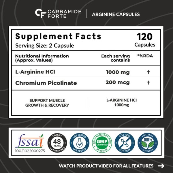 Carbamide Forte L-Arginine & Creatine 1000mg Supplement for Adults |120 Veg Capsules | Pack of 1 - Image 8