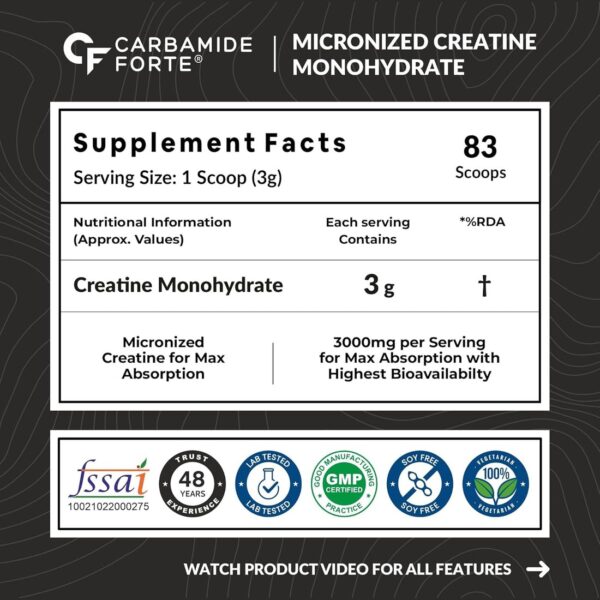 Carbamide Forte Micronized Creatine Monohydrate Powder | 83 Servings | Vegetarian | 250g Jar (Pack of 1) - Image 7