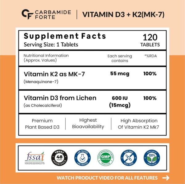 Carbamide Forte Vitamin D3 K2 (Pack of 120 Veg Tablets) - Image 8