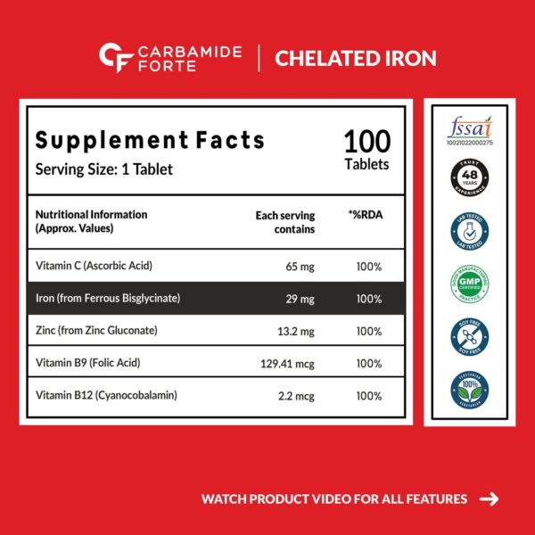 Carbamide Forte Chelated Iron with Vitamin C, B12, Folic Acid and Zinc – 100 Tablets - Image 10