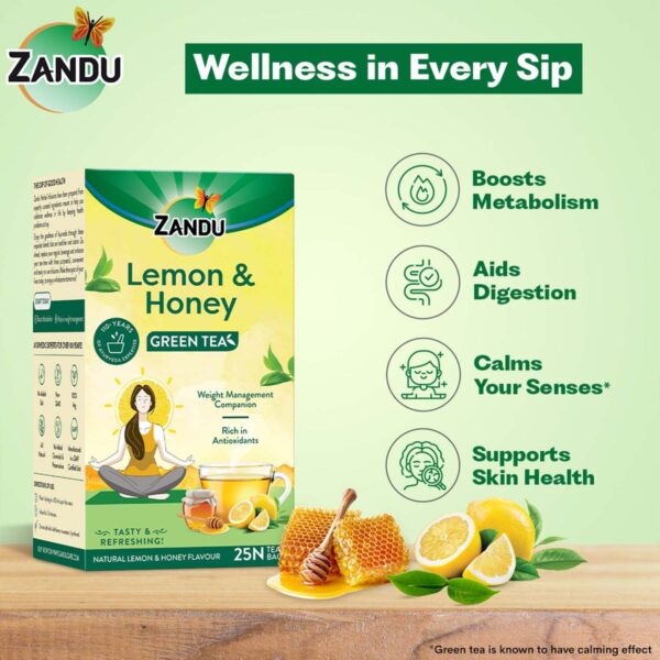 Zandu Lemon & Honey Green Tea | 100% Ayurvedic Blend with Natural Flavours | (Pack of 25 Tea Bags) - Image 10