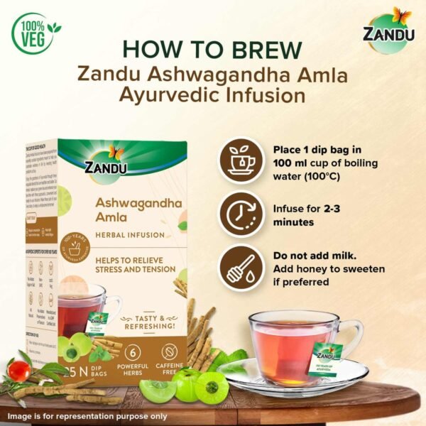 Zandu Ashwagandha Amla Tea – Calming (Pack of 25 Teabags) - Image 6