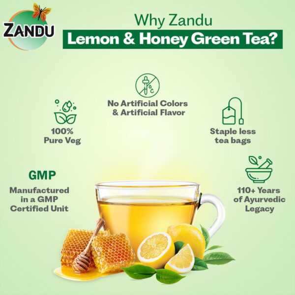 Zandu Lemon & Honey Green Tea | 100% Ayurvedic Blend with Natural Flavours | (Pack of 25 Tea Bags) - Image 6