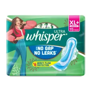 Whisper Ultra Upto No Gap No Leaks Sanitary Pads XL+, 15 Count