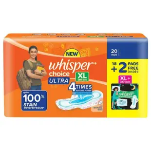 Whisper Choice Ultra Sanitary Pads for Women, XL 20 Napkins